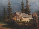 painting of a house in a wooded area with trees in the background