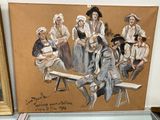 a painting of a man sitting on a bench with a group of people behind him
