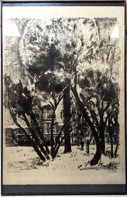 framed black and white drawing of trees in front of a house