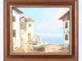 framed oil painting of a boat on the beach in front of a house