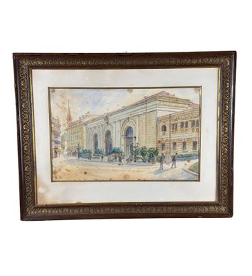 un tableau représentant un bâtiment devant lequel se trouve une calèche