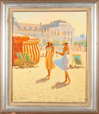 an oil painting of two women on the beach with umbrellas