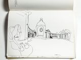 a drawing of a woman sitting in front of a clock tower