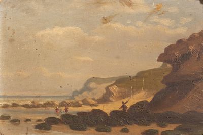 tableau représentant une scène de plage avec des personnes sur le rivage et un oiseau volant au-dessus de l'eau