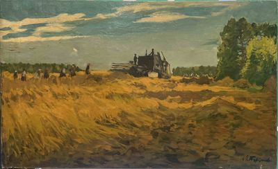 une image représentant une peinture d'une scène de vie à la ferme, avec un tracteur au premier plan
