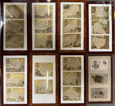 many framed pictures of a variety of different scenes