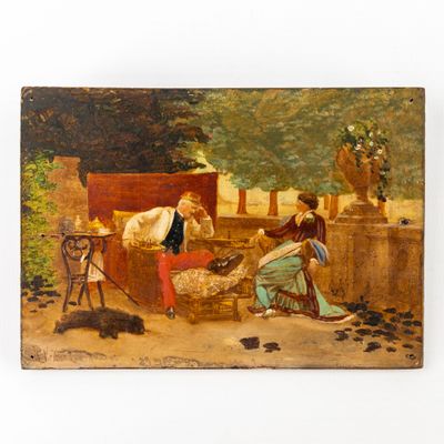 un tableau représentant deux personnes assises sur un banc