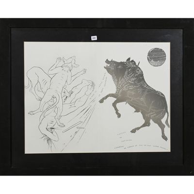 dessin représentant un cheval et un homme à cheval, avec un autre cheval en arrière-plan