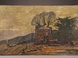 an old painting of a farm with a tree on top of it