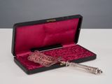 une cuillère en argent dans une boîte rouge avec un couvercle rose