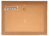 an old picture of a brown box with a tag on it