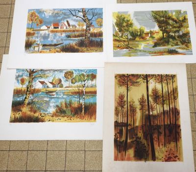 three paintings of a river and a house in the woods