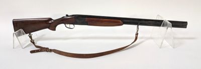 un vieux fusil avec une crosse en bois et un étui transparent