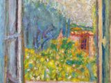 une peinture à l'huile représentant une fenêtre ouverte donnant sur un champ