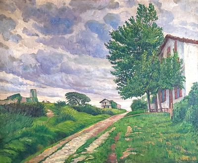 a painting of a house on the side of the road