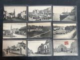 several old black and white photographs of a town with buildings