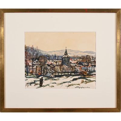 AUBERT René. (1894-1977). « Vue de village sous la neige ». - Photo 1