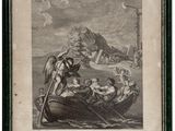 une vieille gravure représentant un homme dans un bateau sur lequel se trouve un oiseau