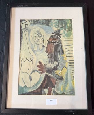 painting of a man with a guitar in a frame on a wall