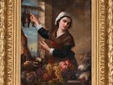 an oil painting of a woman holding a basket of fruit in front of a window