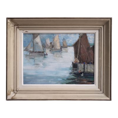 an oil painting of sailboats in a harbor on a sunny day