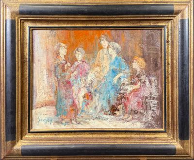 une peinture à l'huile représentant un groupe de personnes dans une pièce