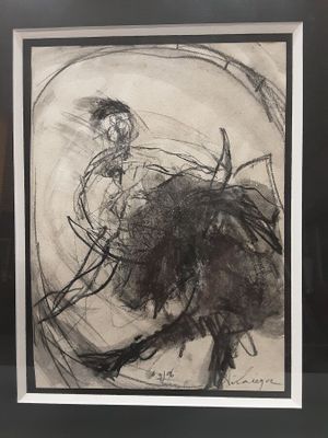 drawing of a man riding a horse in a black and white frame