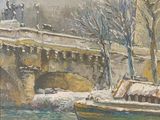 painting of a boat on a river with a bridge in the background