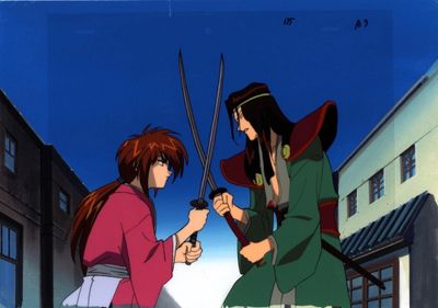 anime scene of two women with swords in front of a building