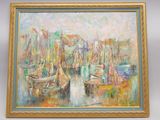 une peinture à l'huile d'une scène portuaire avec des bateaux dans l'eau