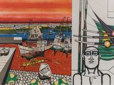 two paintings of a man and a boat on the water