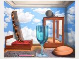 un tableau représentant une pièce avec un verre bleu et un peigne