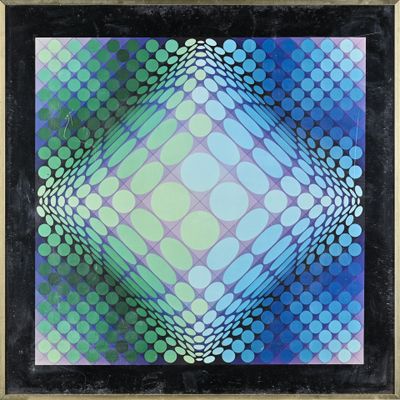 une peinture abstraite composée de cercles bleus et verts sur fond noir