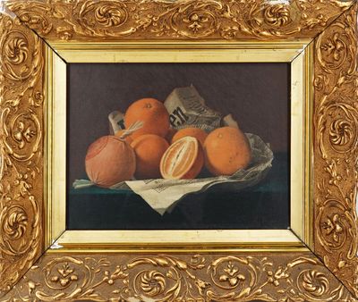 une photo d'un tableau représentant des oranges, dans un cadre doré
