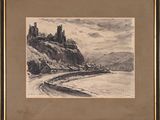 drawing of a castle on a hill with a river in the foreground