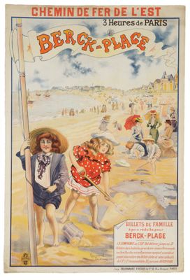 french poster for beach play with children playing in the sand