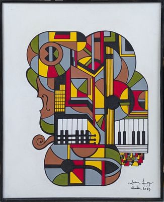 tableau représentant un instrument de musique aux motifs colorés, dans un cadre noir