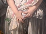 painting of a woman in a white dress holding a bouquet of flowers