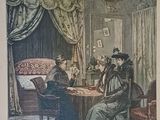 une photo d'une femme assise à une table devant un miroir