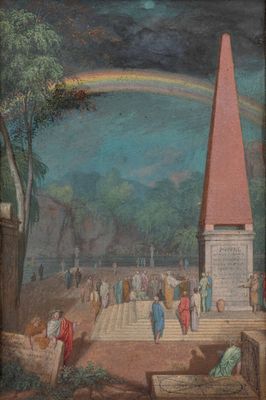 une image représentant un tableau d'une église avec un arc-en-ciel dans le ciel