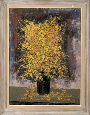 tableau représentant un vase contenant des fleurs jaunes, posé sur une table