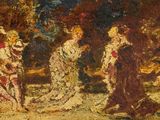 tableau représentant un groupe de femmes et de chiens dans un décor boisé