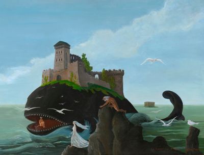 a painting of a whale with a castle in the background
