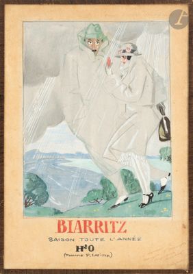 tableau représentant un homme et une femme marchant sous la pluie avec des parapluies