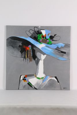 tableau représentant une femme portant un chapeau et des fleurs dans les cheveux