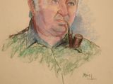 drawing of a man with a pipe in his mouth and wearing a green shirt