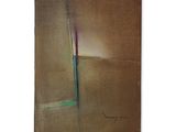 une peinture abstraite représentant une ligne verte et violette sur un fond marron