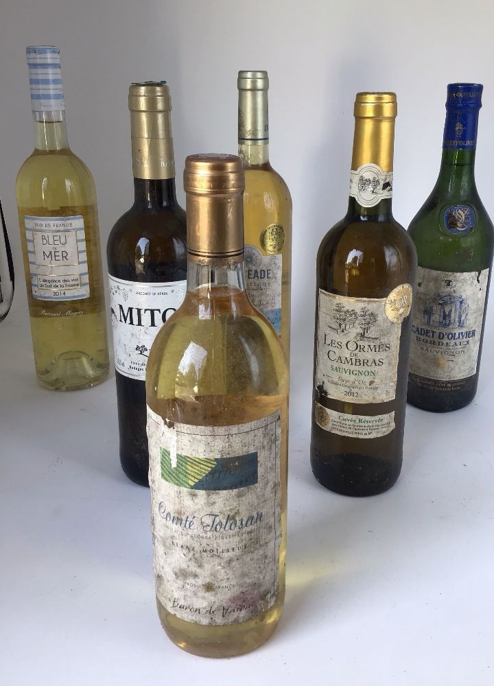 Lot de 6 bouteilles de vin blanc : comté jolosan (non daté) , cadet d’olivier 1999 , mitos 2012 , les ormes de cambra...
