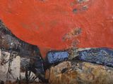 an oil painting of a woman sitting on a chair in front of a red wall