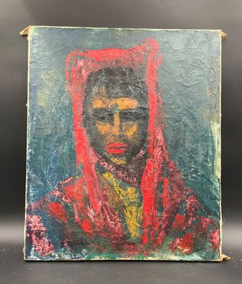 a painting of a woman in a red head scarf